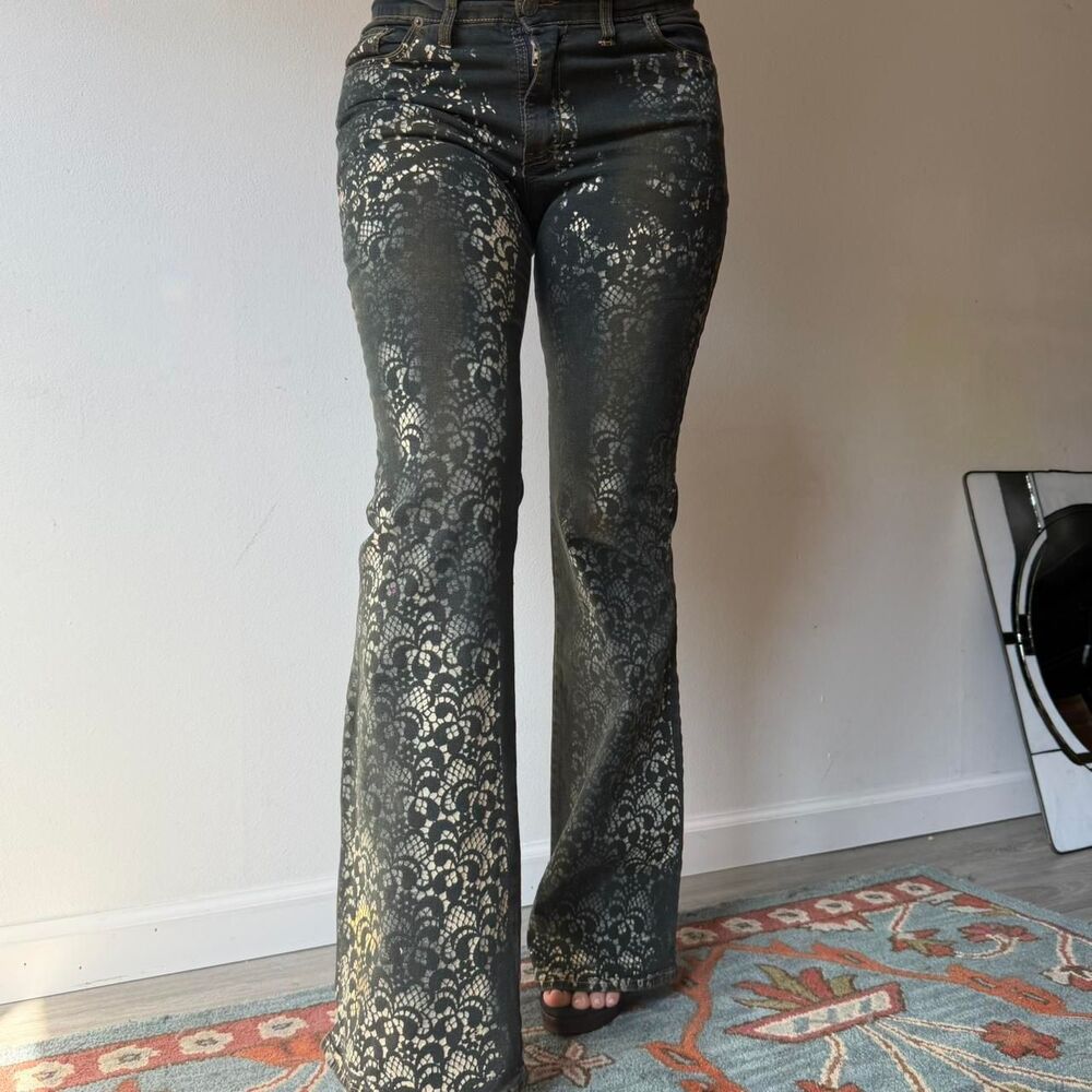 Vintage Lace Print Flare Jeans (Y2K)